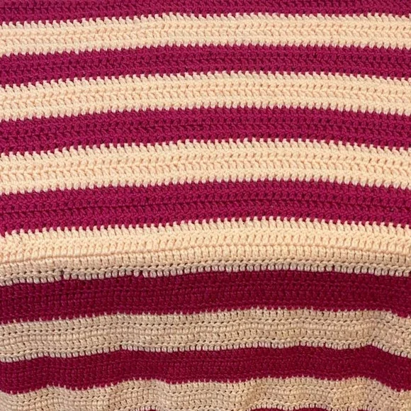Handmade Vintage Crocheted Hot Pink Stripe Blanket Acrylic Afghan Throw